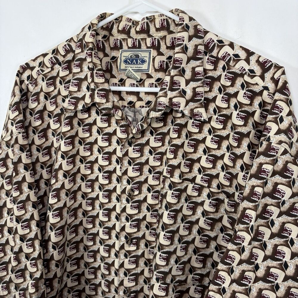 NAK Short Sleeve Button Up Shirt Mens Size XL Brown Red Abstract Geometric VTG